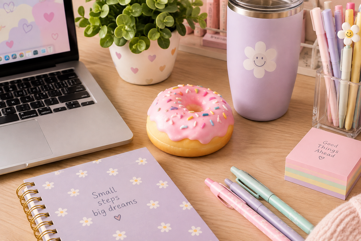 Cute pastel desk setup with a bakery squishy, laptop, notebook, tumbler, pens, and small plant.