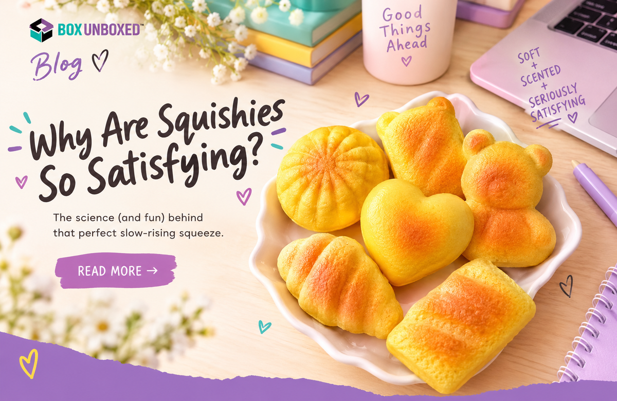 Box Unboxed bakery squishies featured in a cute pastel desk scene for an article about why squishies are so satisfying.
