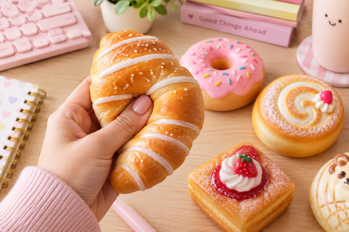 Hand squeezing a bakery-themed squishy on a cozy pastel desk, illustrating how slow-rising squishies work.