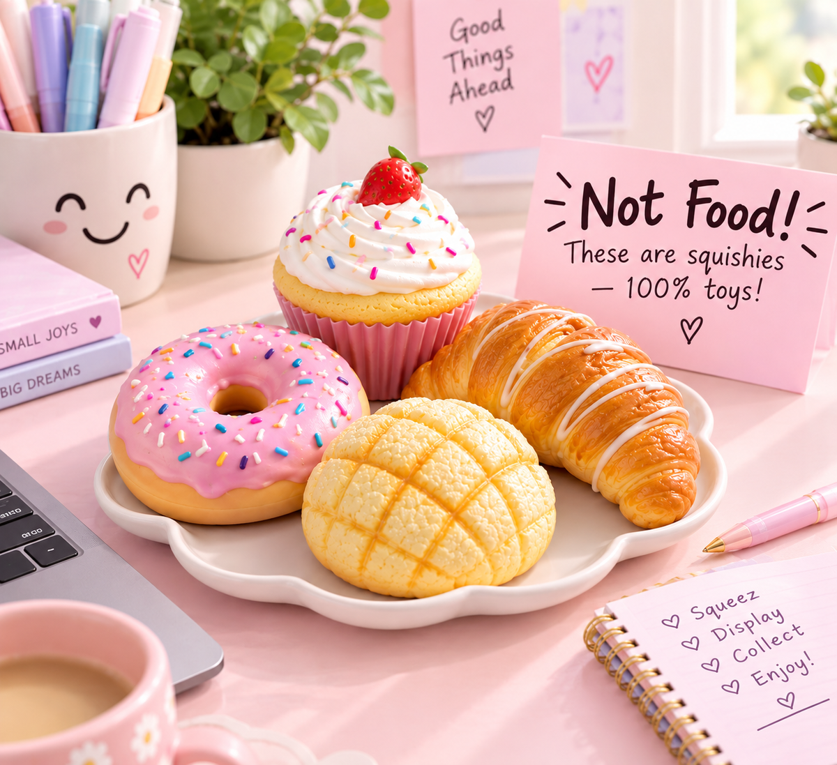 Bakery-themed squishies including a donut, cupcake, croissant, and melon bread arranged on a plate — these are toys, not food