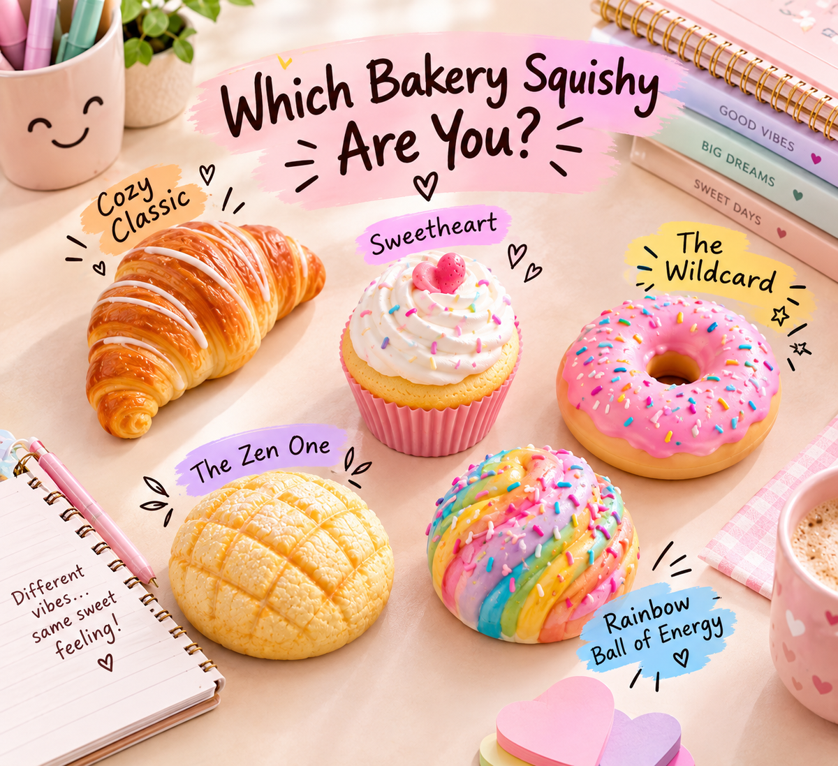 Five bakery-themed squishies labeled with personality types: Cozy Classic, Sweetheart, The Wildcard, The Zen One, and Rainbow Ball of Energy — all toys, not food