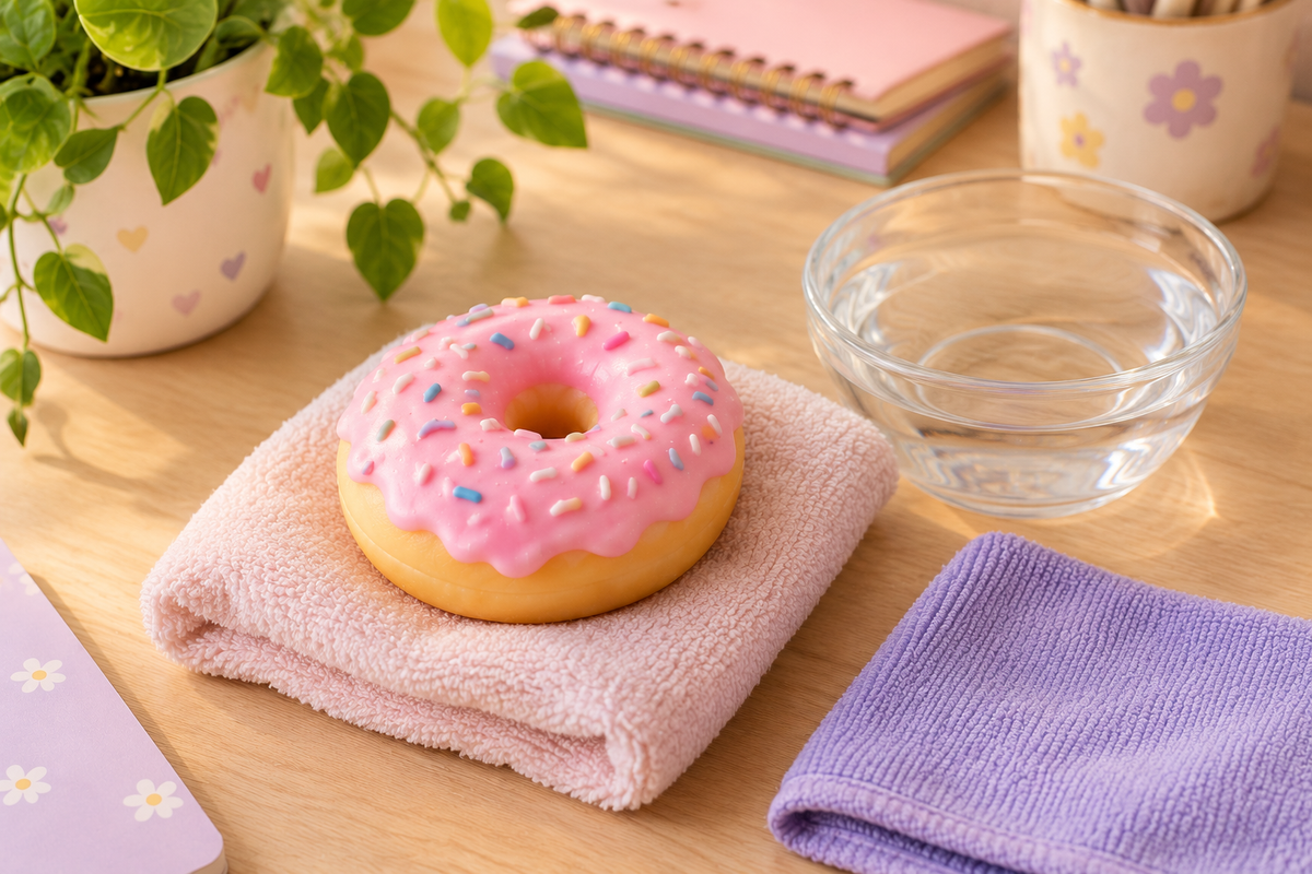 Bakery squishy resting on a clean pink towel beside a soft cloth and bowl of water for gentle care.