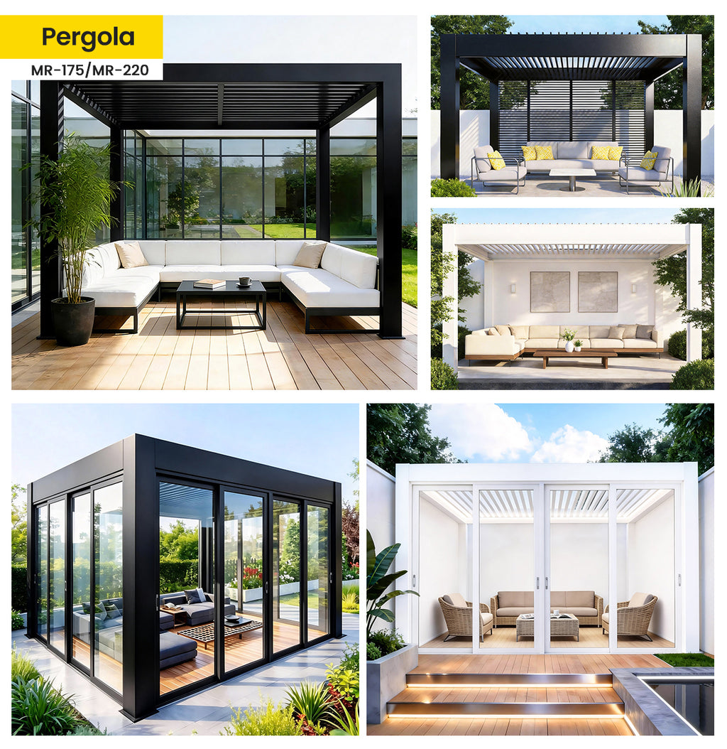 A 2x3 collage showing multiple outdoor patio pergola and glass enclosure designs in real environments. The top-left panel shows a pergola with an outdoor seating area and the text 'Pergola MR-175/MR-220' in a yellow box.