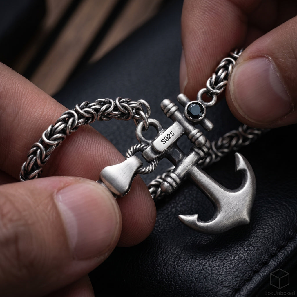 Silver anchor pendant with chain held by a hand on a dark background