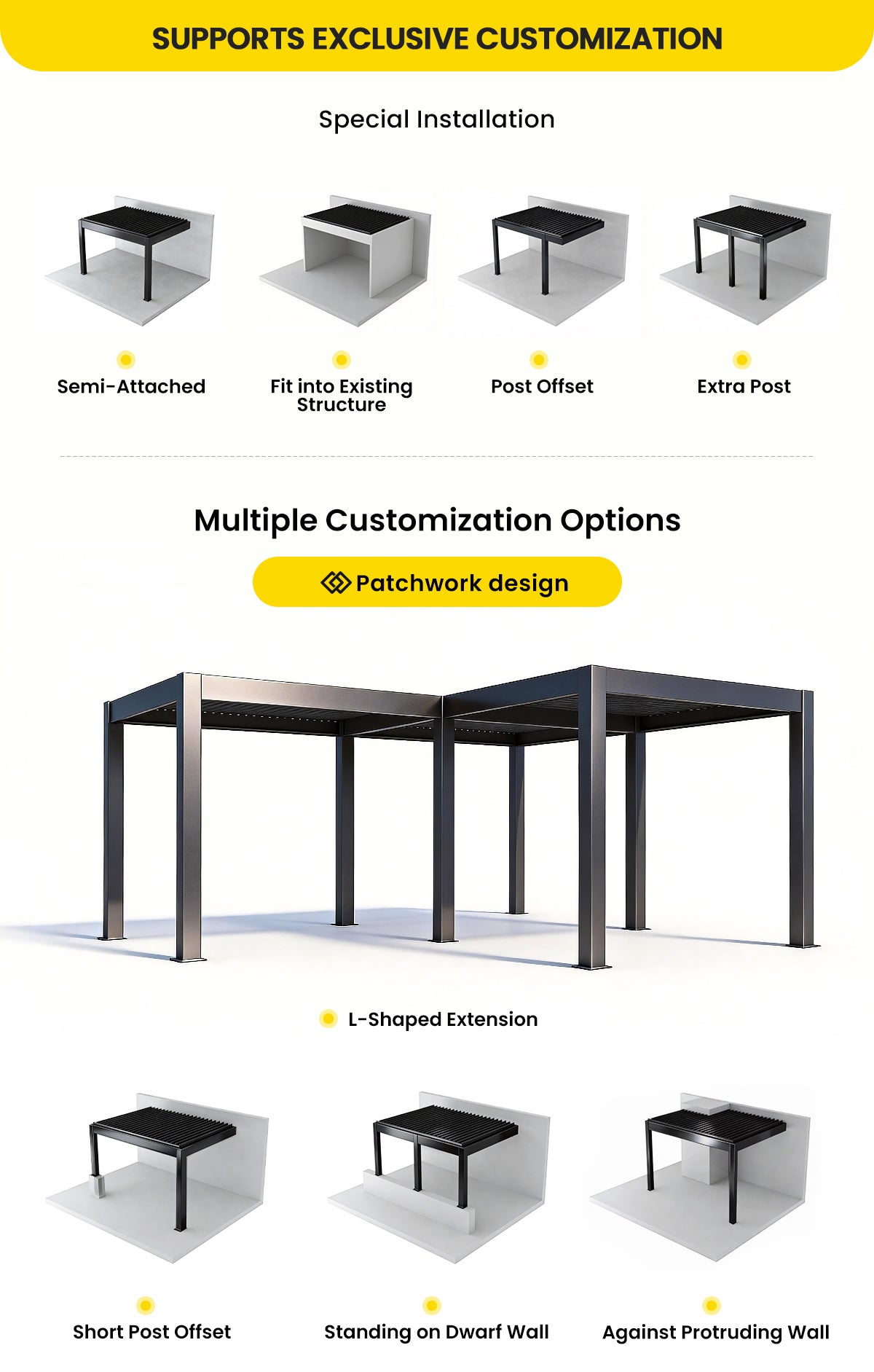 Customizable metal patio cabana frame with support options, showing semi-attached, fit into existing structure, post offset, and extra post configurations, plus an L-shaped extension and standing on dwarf wall options.