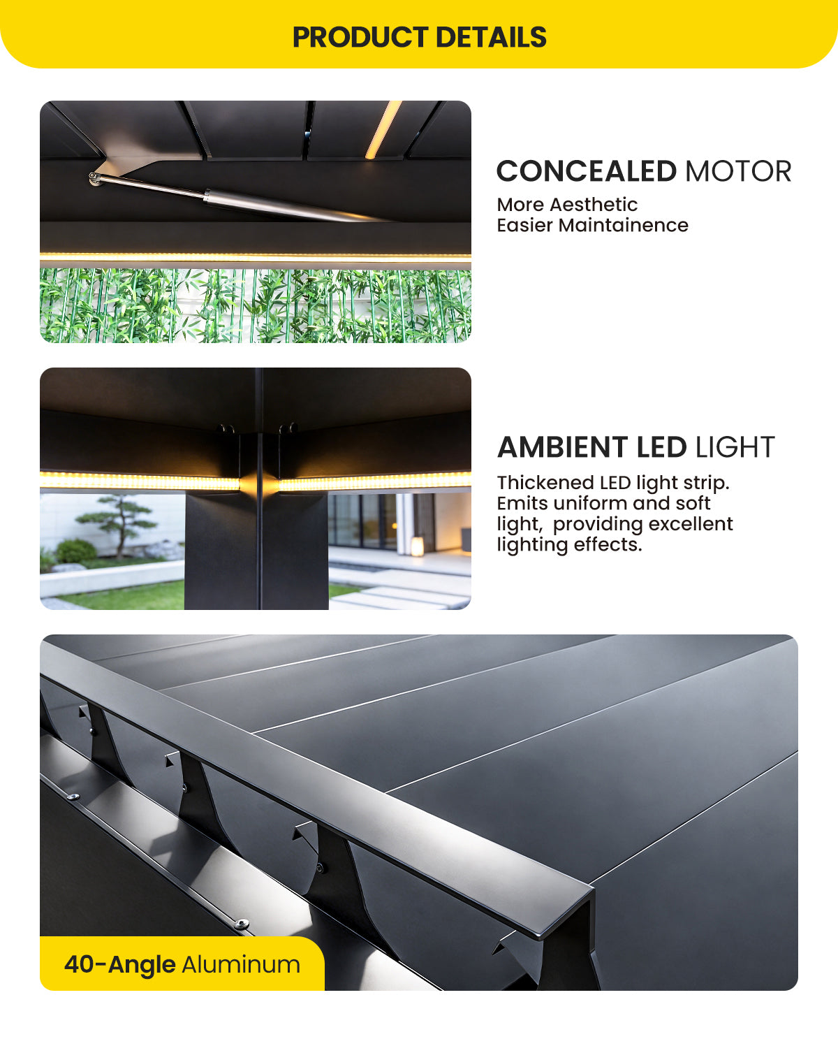 Product details graphic for a modern black aluminum roller blind track system. The image features three panels: the top shows the track mounted on a ceiling with a concealed motor strip; the middle shows ambient LED lighting emitting soft light; the bottom shows a close-up of the 40-degree aluminum profile track.