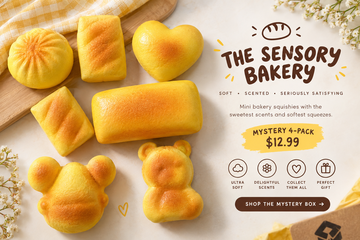 A promotional flat lay showing several golden-brown bakery squishies and buns in assorted shapes, including a heart, mouse ears, and rectangular loaf, arranged on a light surface with a checkered cloth. Text on the right reads 'THE SENSORY BAKERY' with 'MYSTERY 4-PACK $12.