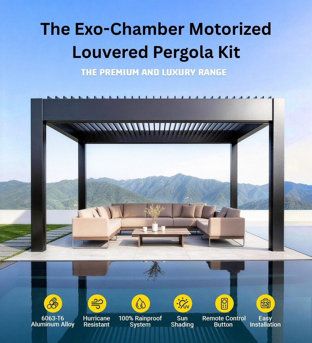 Exo-Chamber motorized louvered pergola kit shown over a pool with a modern sectional sofa and mountain backdrop. Large headline text at top reads 'The Exo-Chamber Motorized Louvered Pergola Kit,' with feature icons along the bottom.
