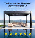 Exo-Chamber motorized louvered pergola kit shown over a pool with a modern sectional sofa and mountain backdrop. Large headline text at top reads 'The Exo-Chamber Motorized Louvered Pergola Kit,' with feature icons along the bottom.