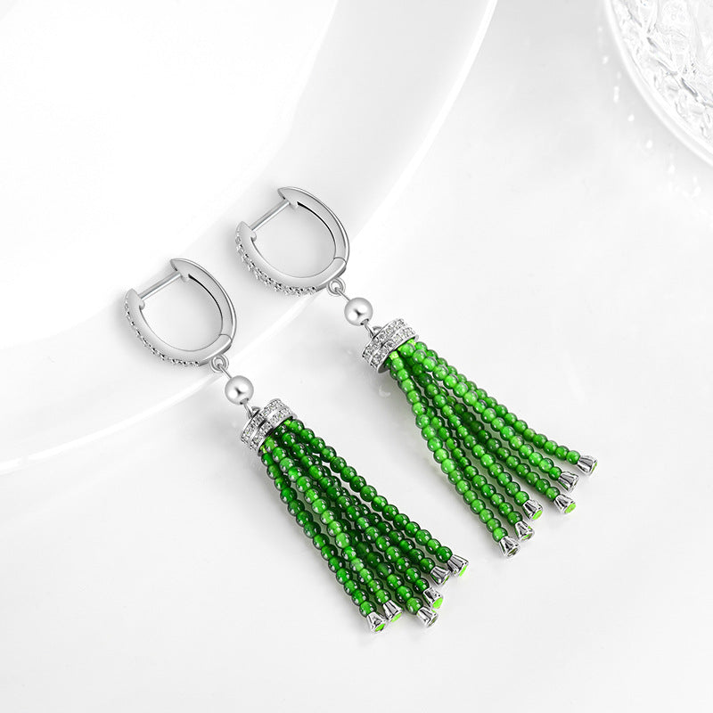 Natural Green Jadeite Beaded Tassel Drop Earrings