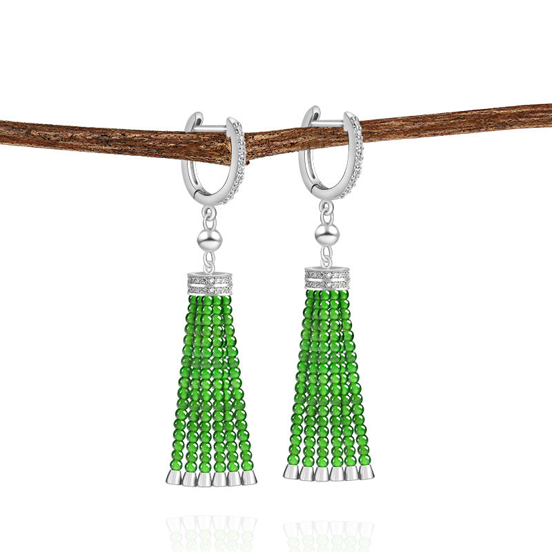 Natural Green Jadeite Beaded Tassel Drop Earrings