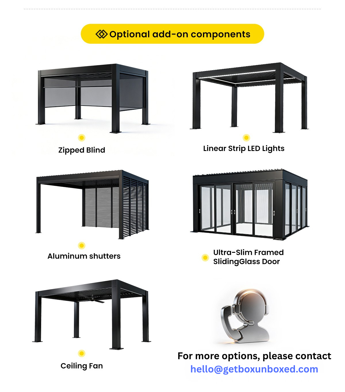 A product options infographic showing six optional add-ons for a black outdoor cabana or gazebo: zipped blind, linear strip LED lights, aluminum shutters, ultra-slim framed sliding glass door, ceiling fan, and a customer service phone icon. The image has a clean white background with black text and yellow callout accents.