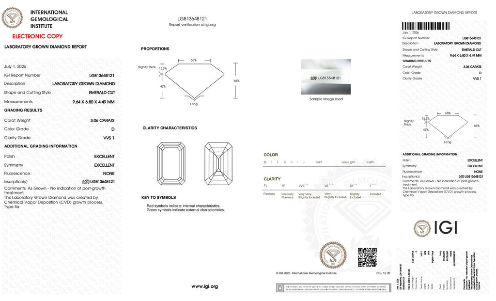 Emerald Cut Lab-Grown Diamond – 3.0 ct, D Color, VVS1 Clarity – IGI Certified (Report #813648121)