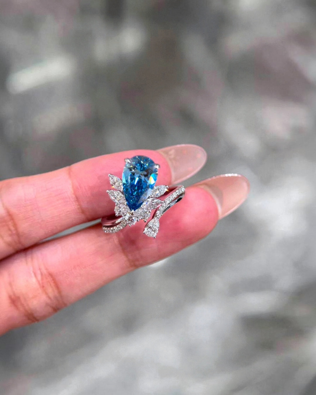 The Vivid Blue Pear Cut Diamond Ring (Made to Order)