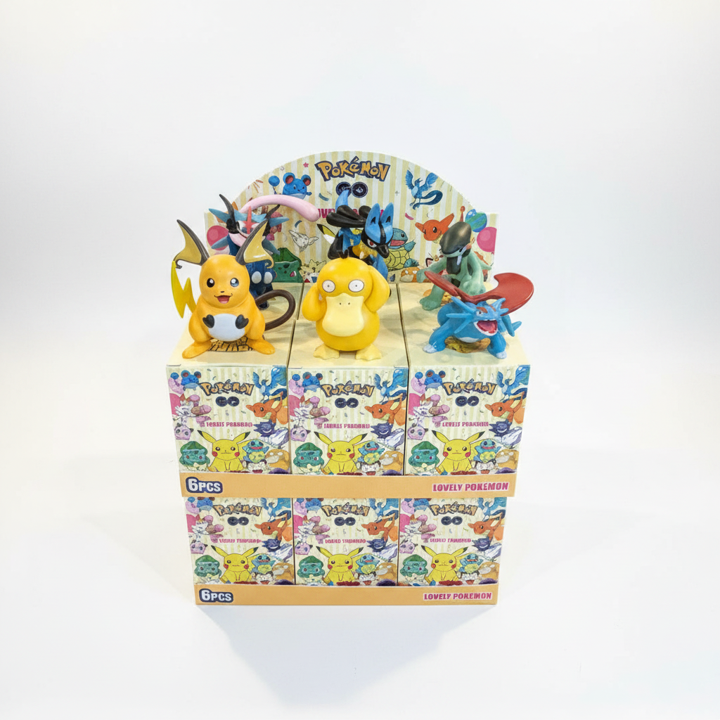 A display stand filled with Pokémon figures and matching boxes, photographed on a clean white studio background. The stand features multiple colorful Pokémon character figures on top and rows of illustrated product boxes below.
