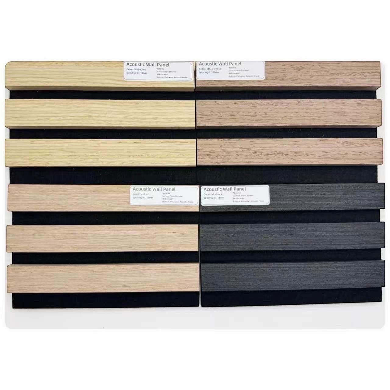 BoxUnboxed acoustic wall panels in light oak and dark oak wood veneer with black felt backing. Samples show slat design.