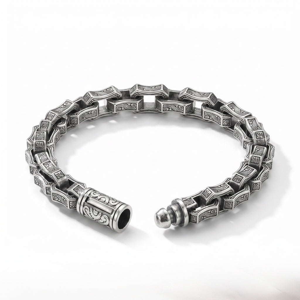 BoxUnboxed The Rock Sovereign geometric link bracelet in solid 925 sterling silver with a 10mm profile and chiseled rock facets.