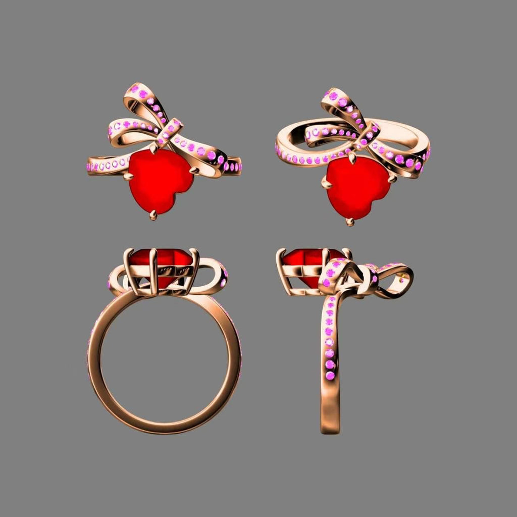 BoxUnboxed custom heart-shaped ruby ring with a gold bow setting and pink diamond accents in multiple views.