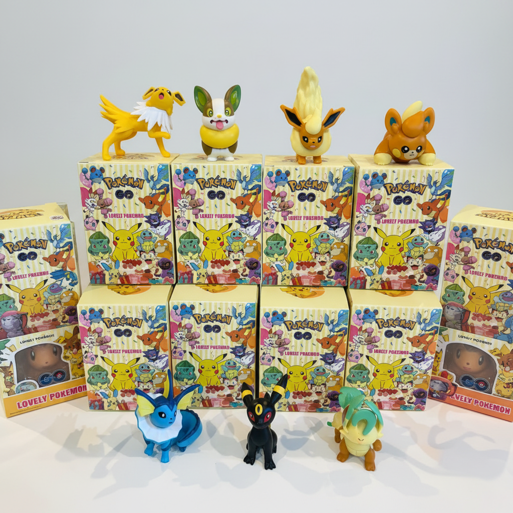 A collection of Pokémon Mystery Box blind boxes with various character figures displayed on top and in front, set against a plain light gray background.