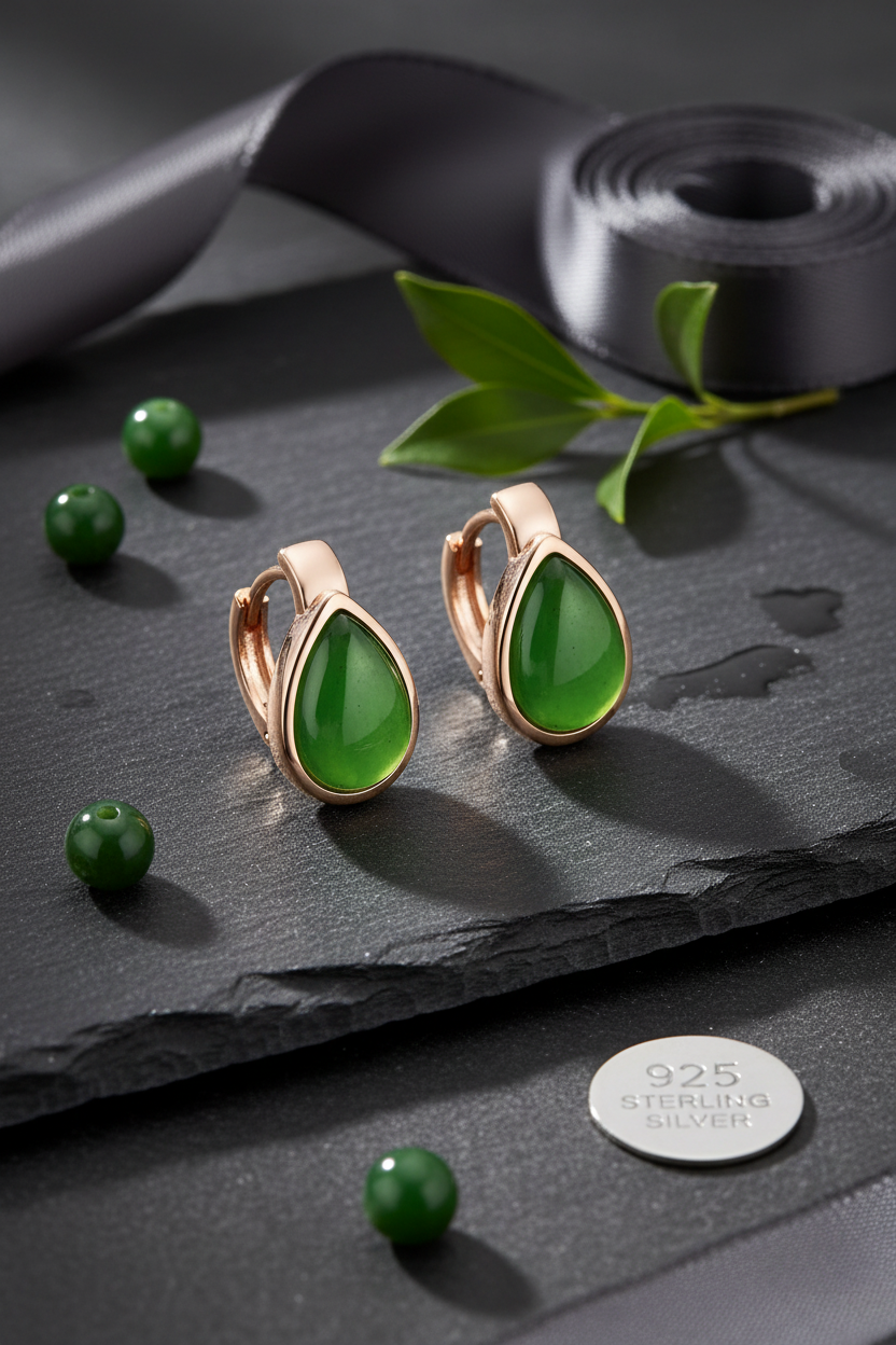 Luxury editorial flat lay of nephrite jade huggie earrings on dark slate surface