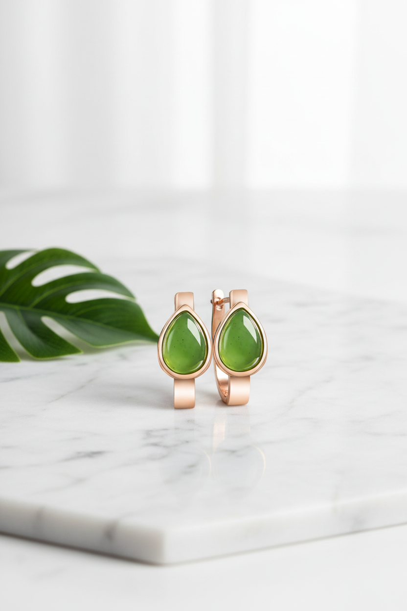 Minimalist marble flat lay of nephrite jade huggie earrings with green leaf accent