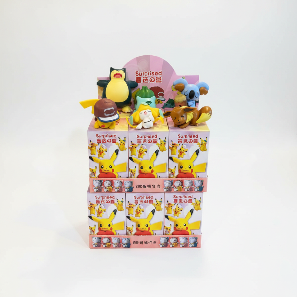 A display stand holding six pink boxes labeled 'Surfied 盲盒小物' with colorful toy figures emerging from on top, photographed against a plain white studio background.